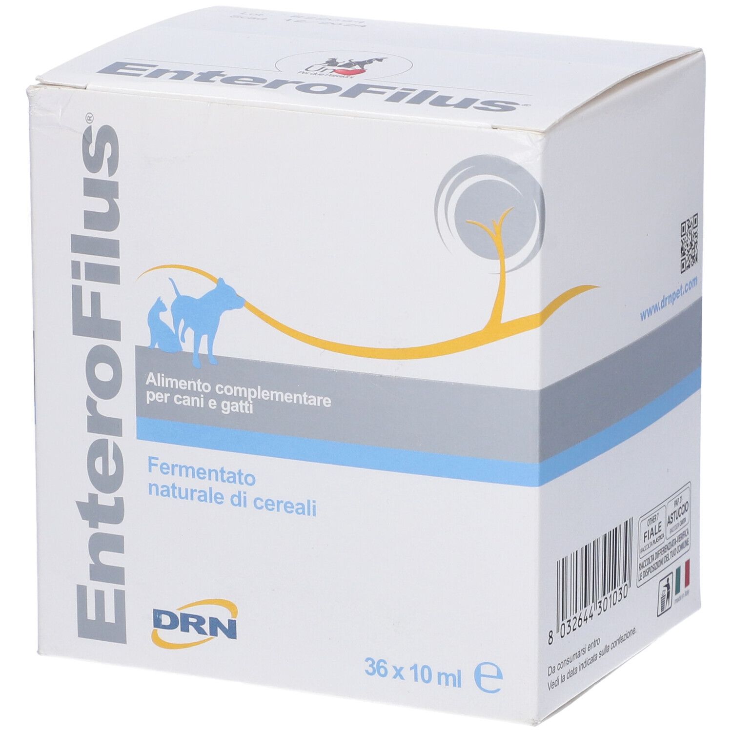 Scatola 'EnteroFilus' per cani e gatti. 36 flaconi da 10 ml. Marchio DRN. Con codice QR.