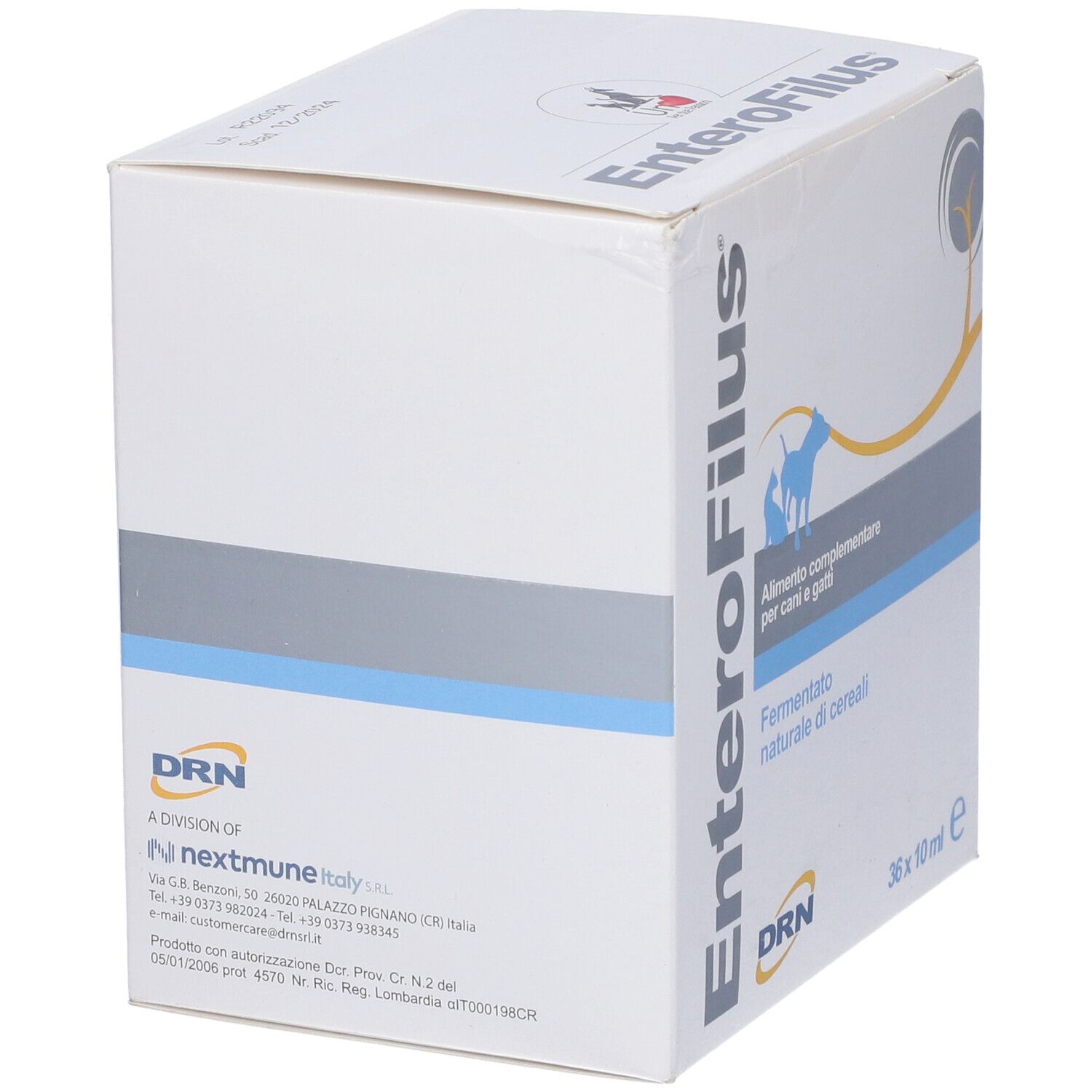 Scatola 'EnteroFilus' per cani e gatti. Marchio DRN. 36 flaconi da 10 ml. Con codice QR.