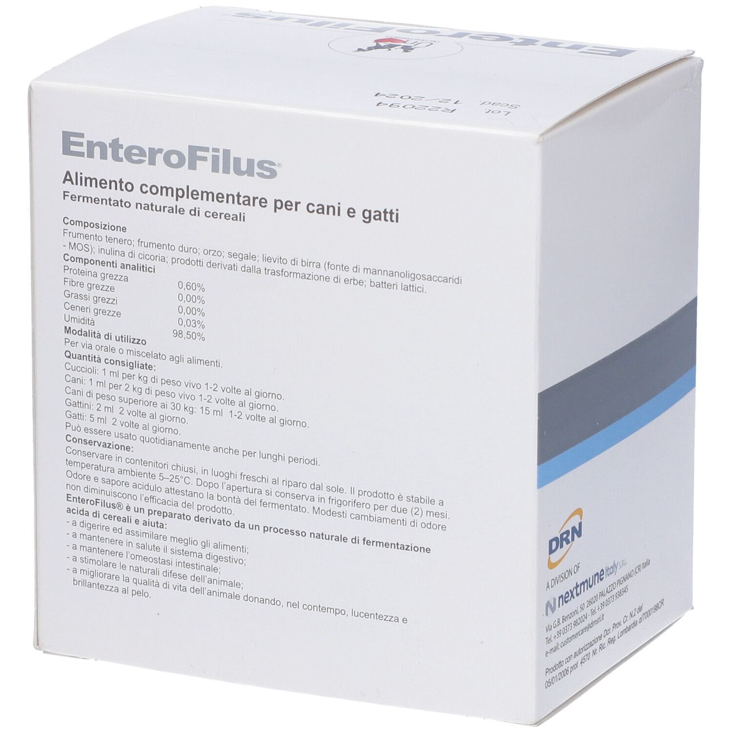 Scatola 'EnteroFilus' per cani e gatti. Testo con ingredienti e uso. Marchio DRN.
