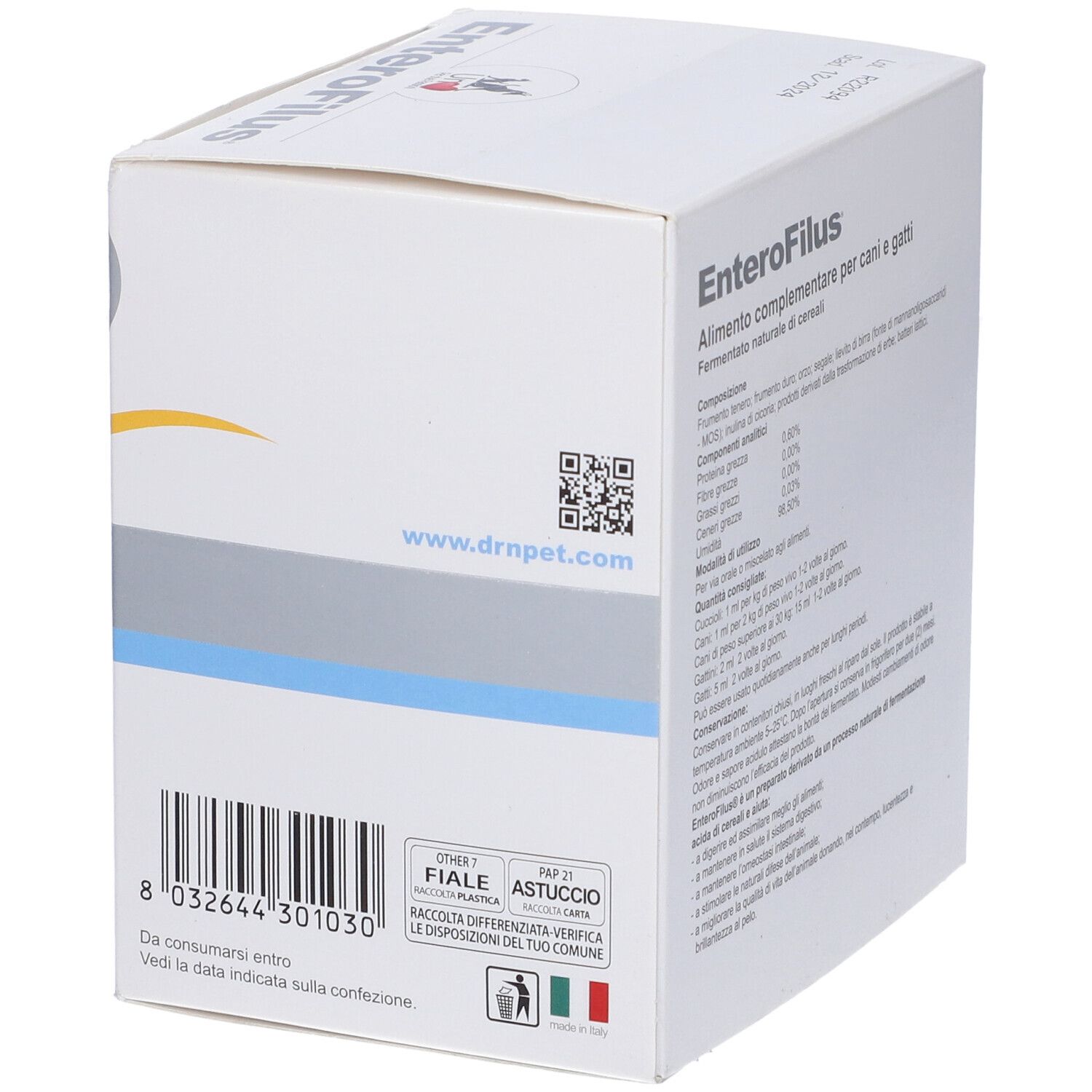 Retro della scatola 'EnteroFilus'. Testo con ingredienti, codice QR e simbolo di riciclo.