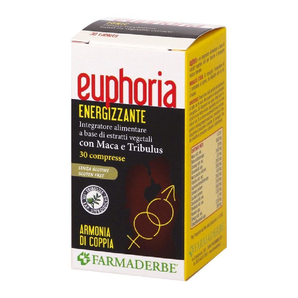 Scatola di Euphoria 30 compresse. Scritto: Energizzante, Integratore alimentare, con Maca e Tribulus. Senza glutine.