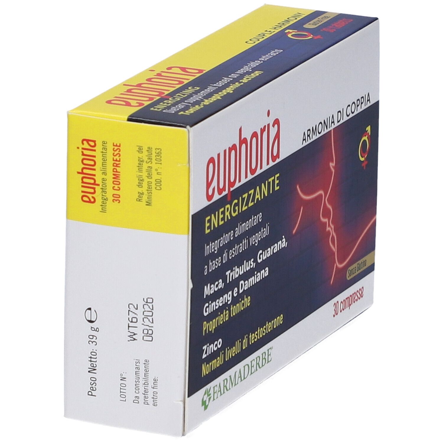 Scatola di Euphoria 30 compresse. Scritto: Energizzante, Integratore alimentare, con Maca, Tribulus, Guarana, Ginseng, Damiana e Zinco.