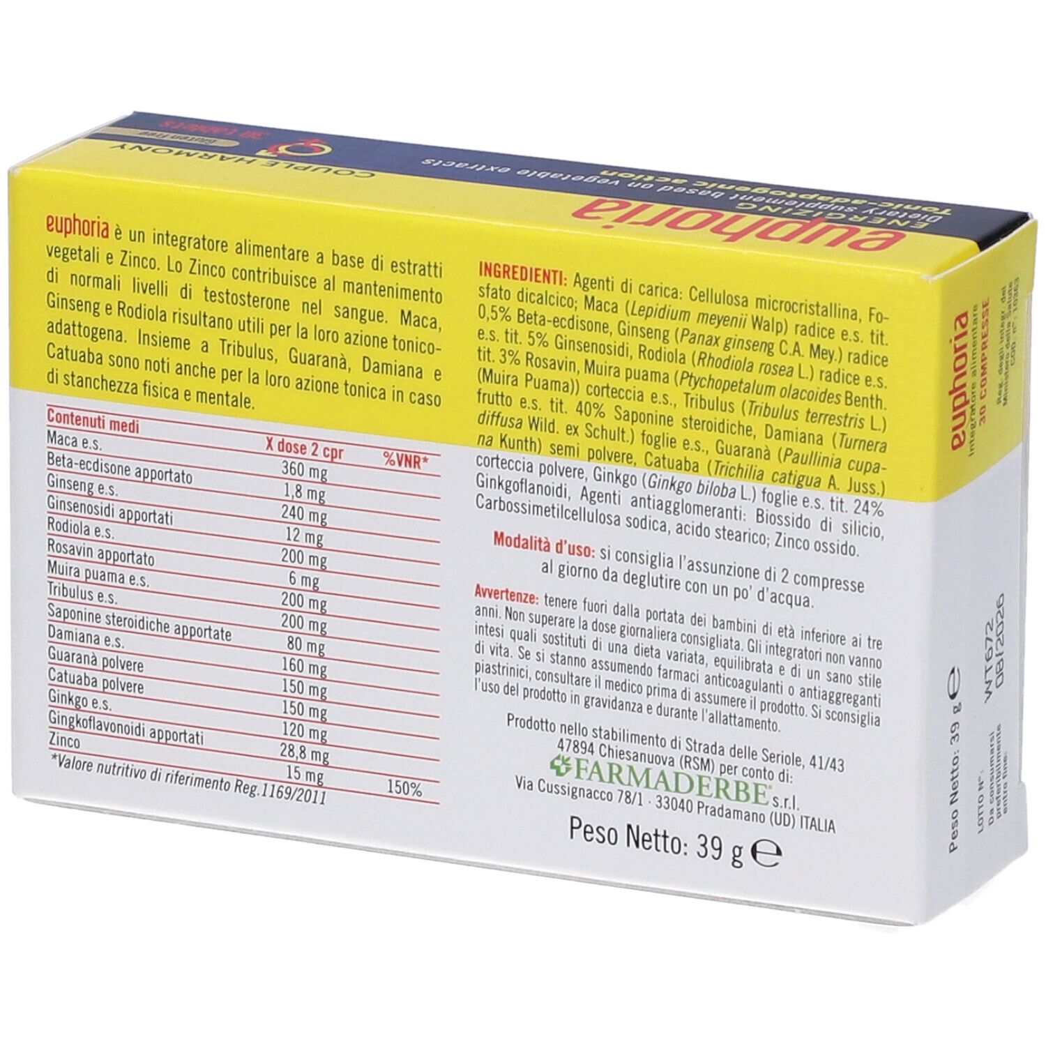 Retro della scatola di Euphoria 30 compresse. Contiene informazioni sugli ingredienti, il dosaggio e le avvertenze.