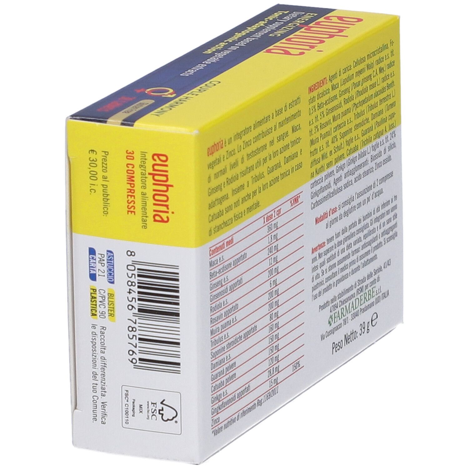 Retro della scatola di Euphoria 30 compresse. Contiene informazioni sugli ingredienti, il dosaggio e le avvertenze.