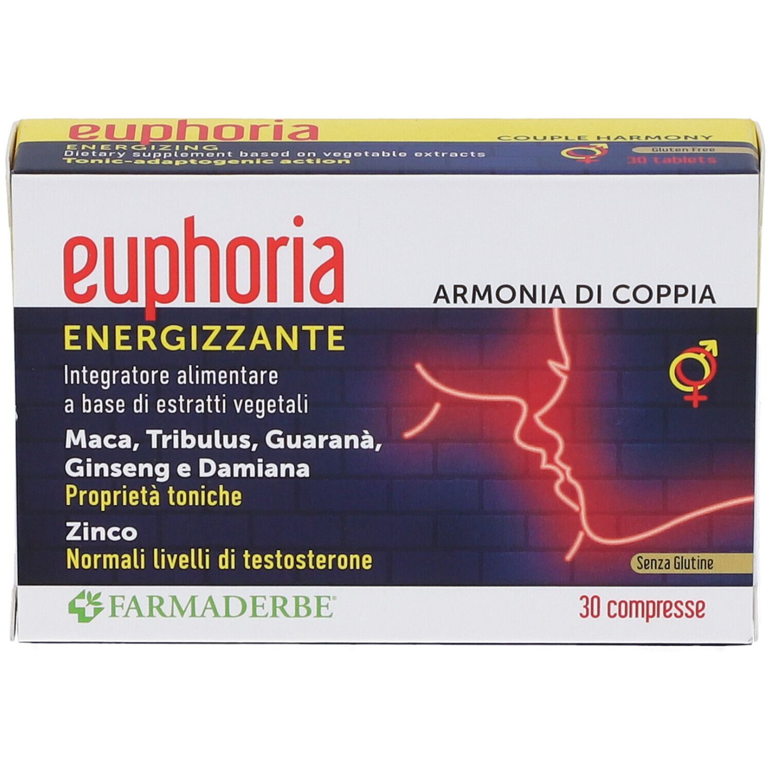 Scatola di Euphoria 30 compresse. Scritto: Energizzante, Integratore alimentare, con Maca, Tribulus, Guarana, Ginseng, Damiana e Zinco.