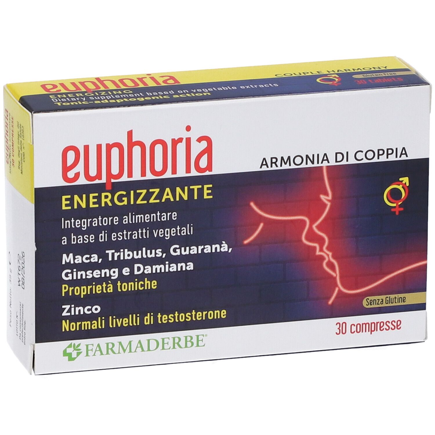 Scatola di Euphoria 30 compresse. Scritto: Energizzante, Integratore alimentare, con Maca, Tribulus, Guarana, Ginseng, Damiana e Zinco.