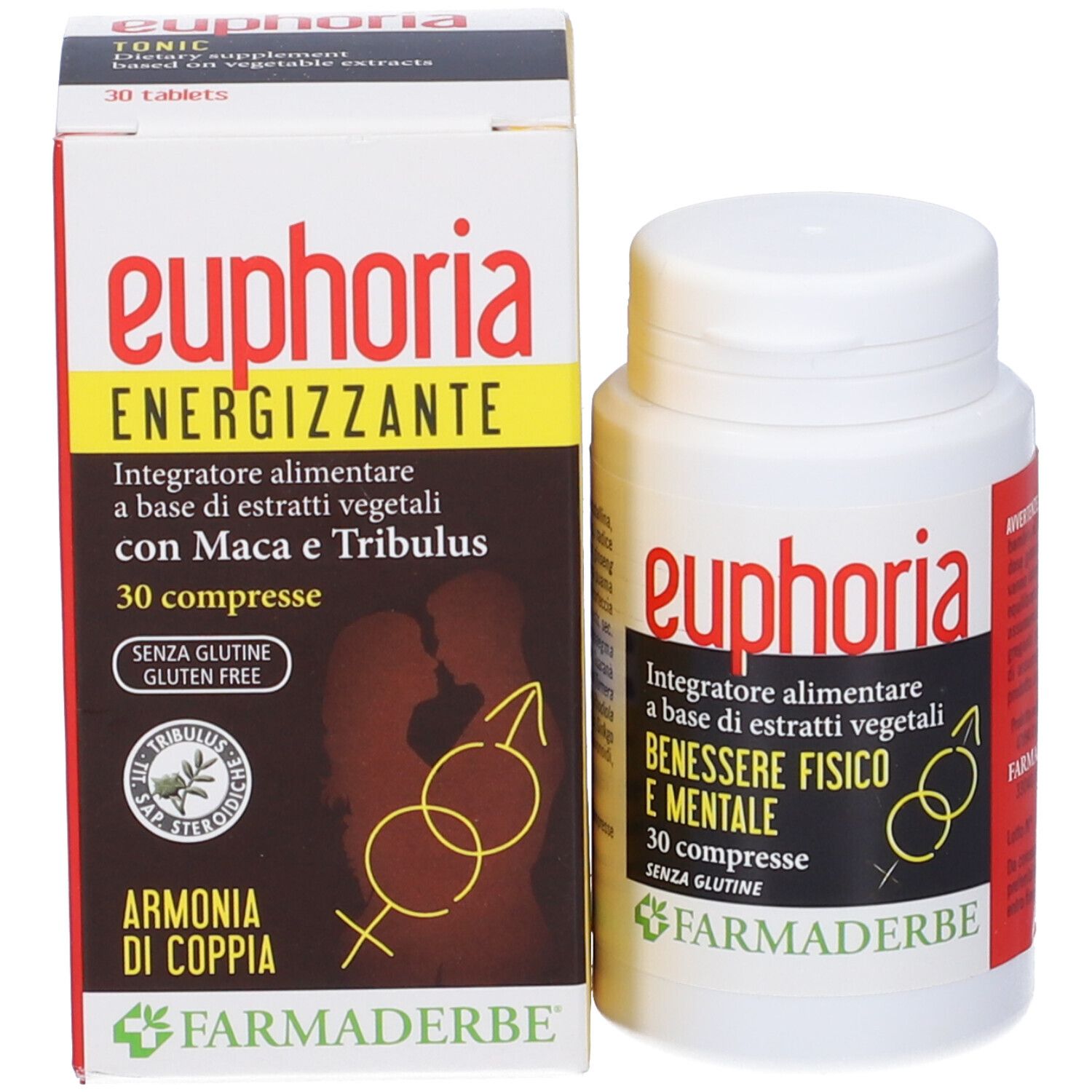 Euphoria 30 compresse e confezione. Scritto: Energizzante, Integratore alimentare, con Maca e Tribulus. Senza glutine.