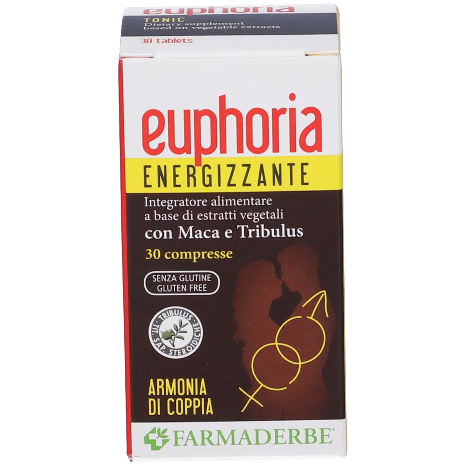 Scatola di Euphoria 30 compresse. Scritto: Energizzante, Integratore alimentare, con Maca e Tribulus. Senza glutine.