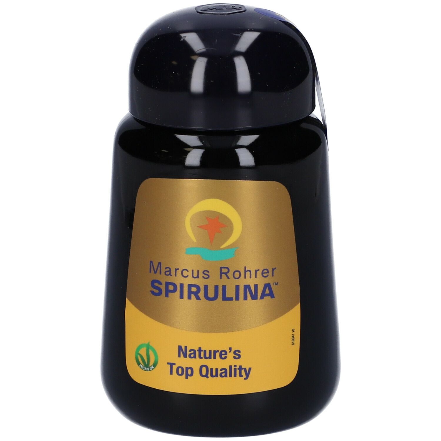 Flacone nero di Spirulina Marcus Rohrer. Etichetta dorata con logo e nome del prodotto. Tappo nero.