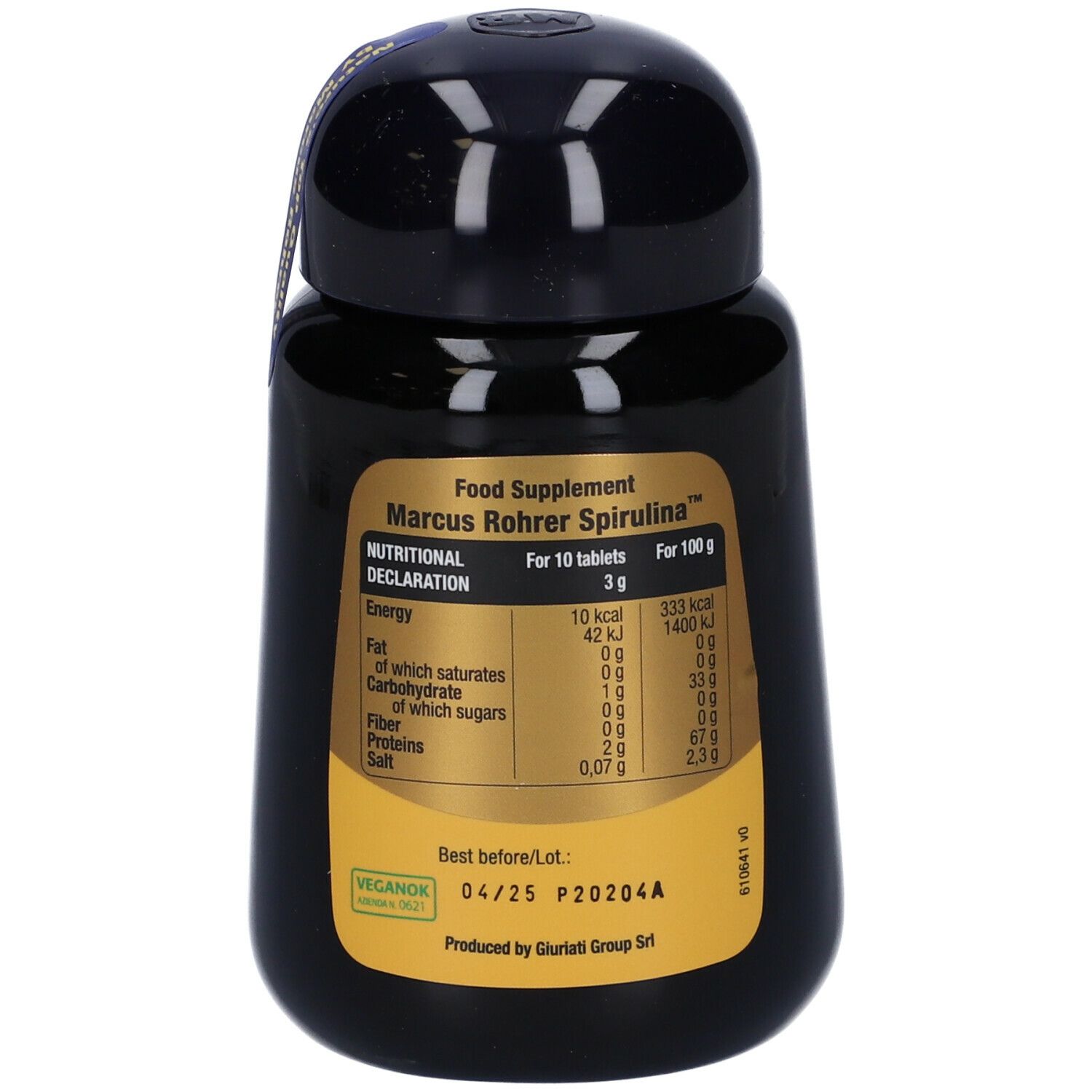 Flacone nero Spirulina Marcus Rohrer. Etichetta dorata con info nutrizionali e data scadenza. Tappo nero.