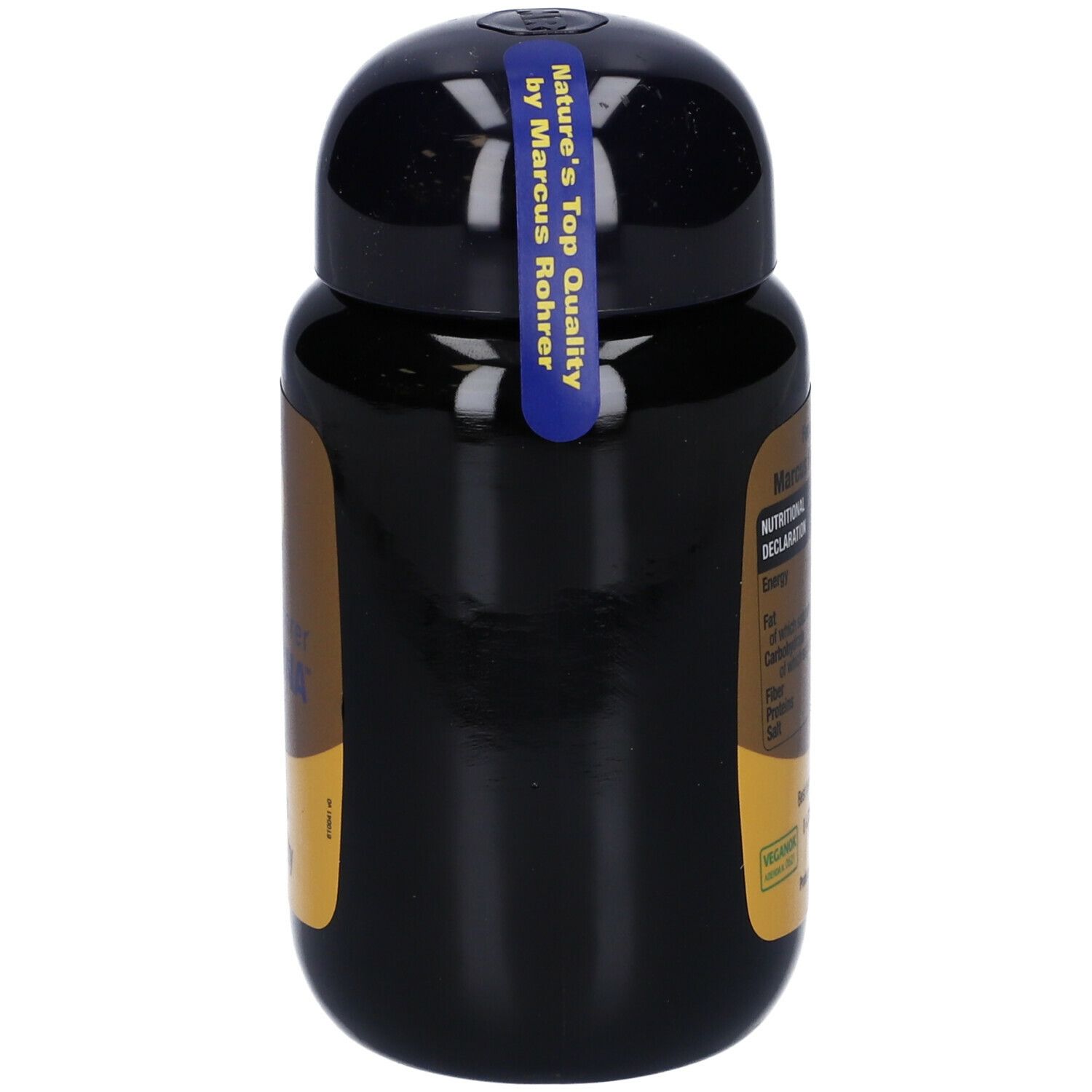 Flacone nero Spirulina Marcus Rohrer. Etichetta dorata con logo e testo. Tappo nero con adesivo.