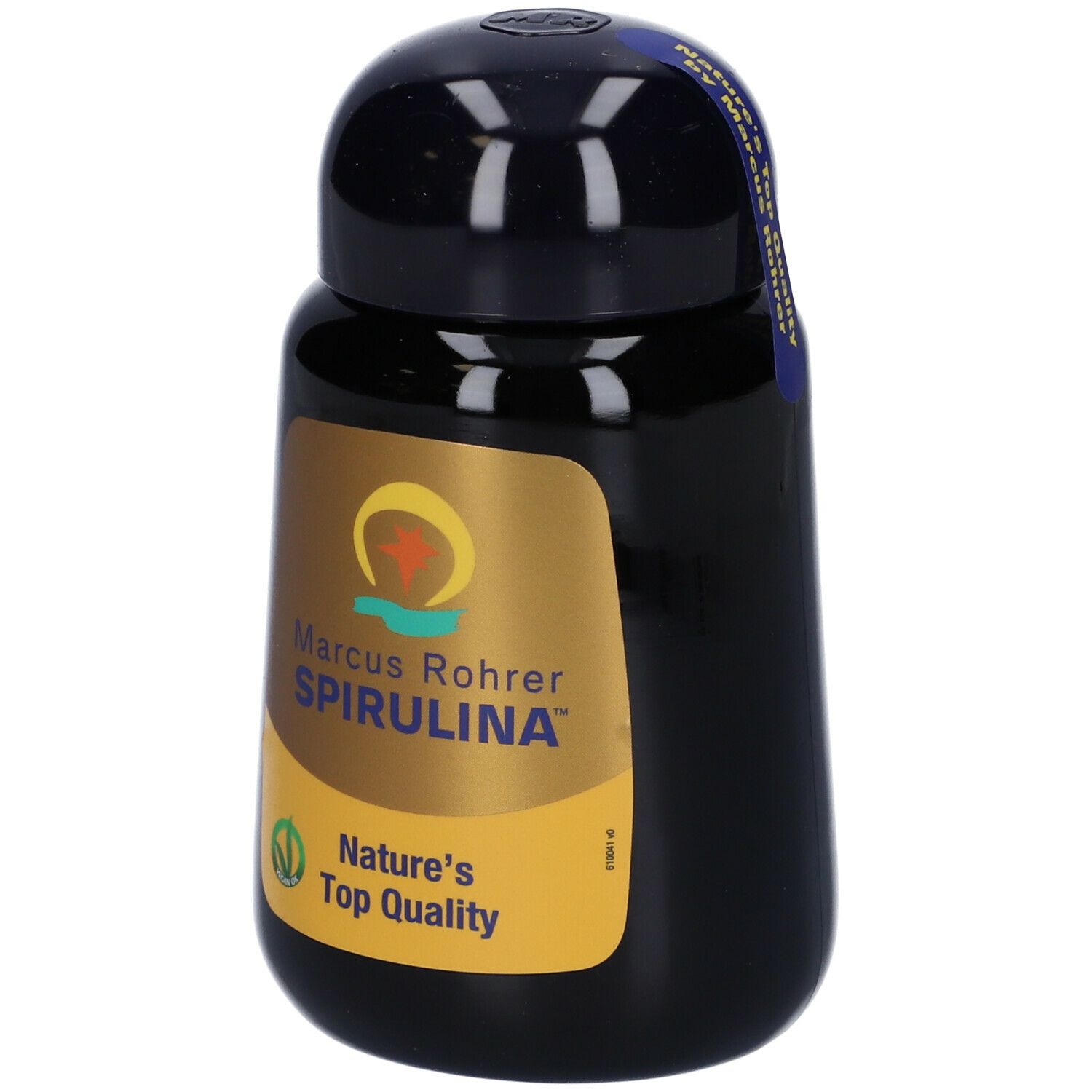 Flacone nero Spirulina Marcus Rohrer. Etichetta dorata con logo e testo. Tappo nero.