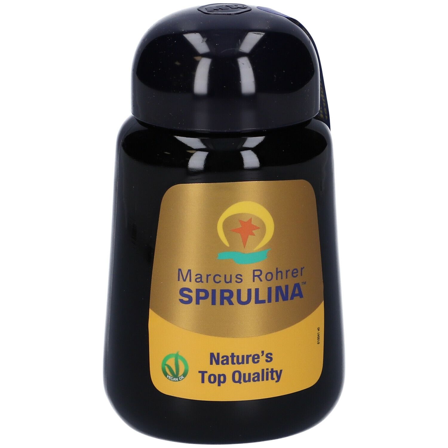 Flacone nero Spirulina Marcus Rohrer. Etichetta dorata con logo e testo. Tappo nero.