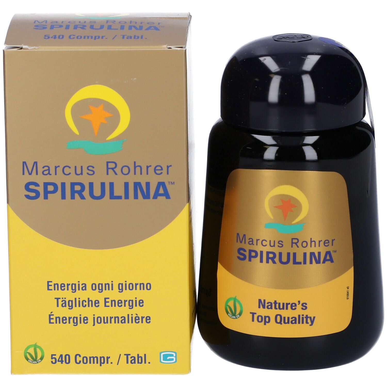 Confezione prodotto con flacone e scatola. Flacone: nero, etichetta oro. Scatola: gialla, nome e logo.