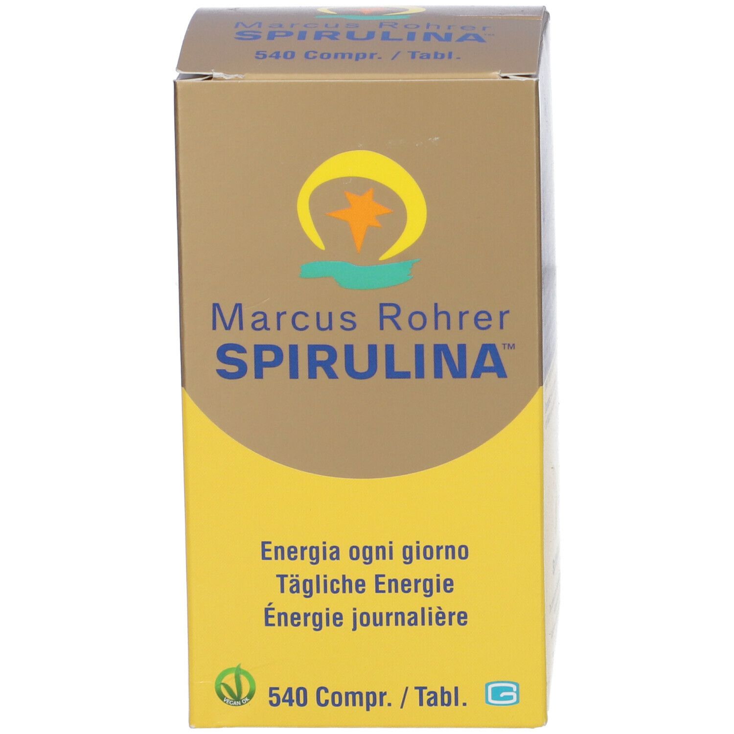 Scatola Spirulina Marcus Rohrer. Design giallo e bianco con nome e logo. Testo: Energia, 540 compresse.