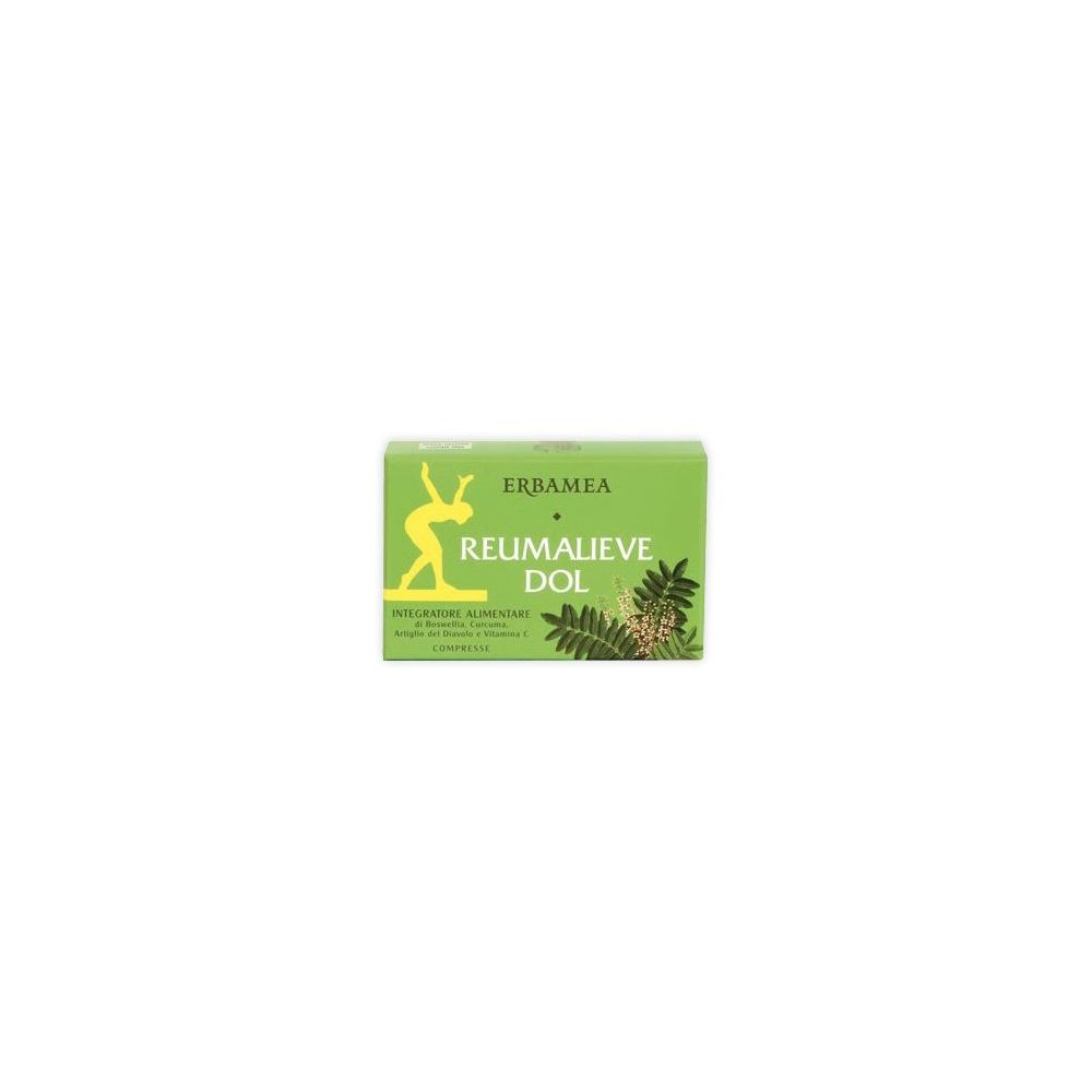 Scatola verde con "Reumalieve Dol". Logo: figura gialla. Marca: Erbamea. Testo: Integratore Alimentare.