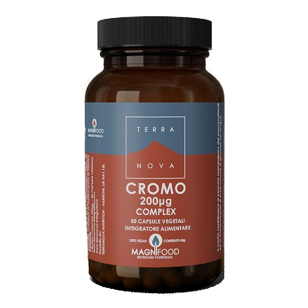 Flacone di vetro marrone con tappo nero. Etichetta "TERRA NOVA CROMO 200µg COMPLEX". 50 capsule. Marchio Magnifood.