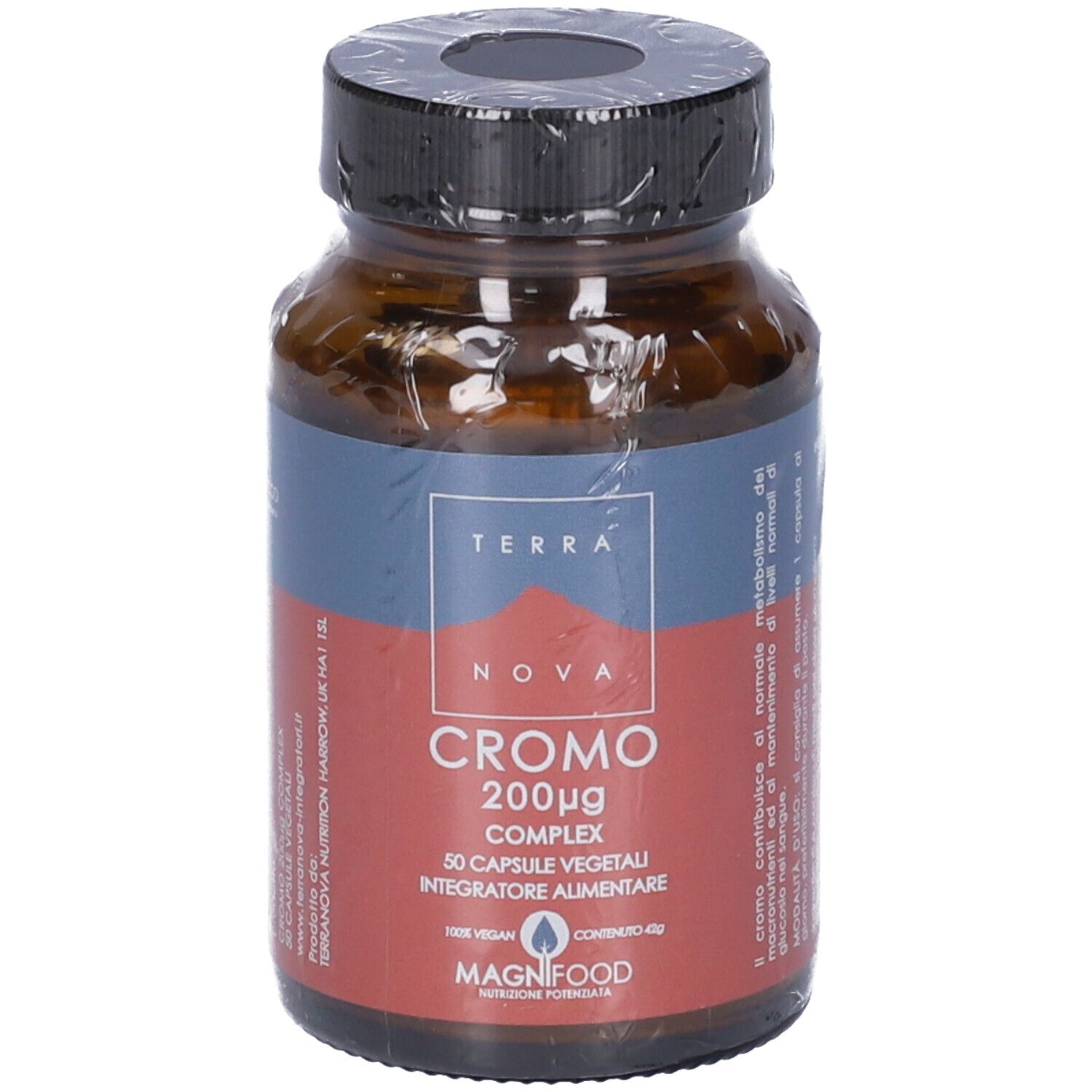 Flacone di vetro marrone con tappo nero, confezionato. Etichetta "TERRA NOVA CROMO 200µg COMPLEX". 50 capsule.