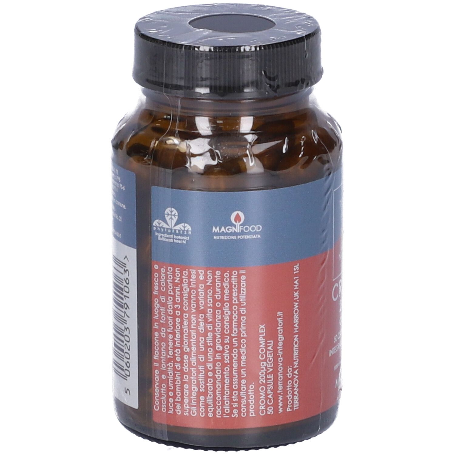 Flacone di vetro marrone con tappo nero, confezionato. Retro con testo e logo. "TERRA NOVA CROMO 200µg COMPLEX".