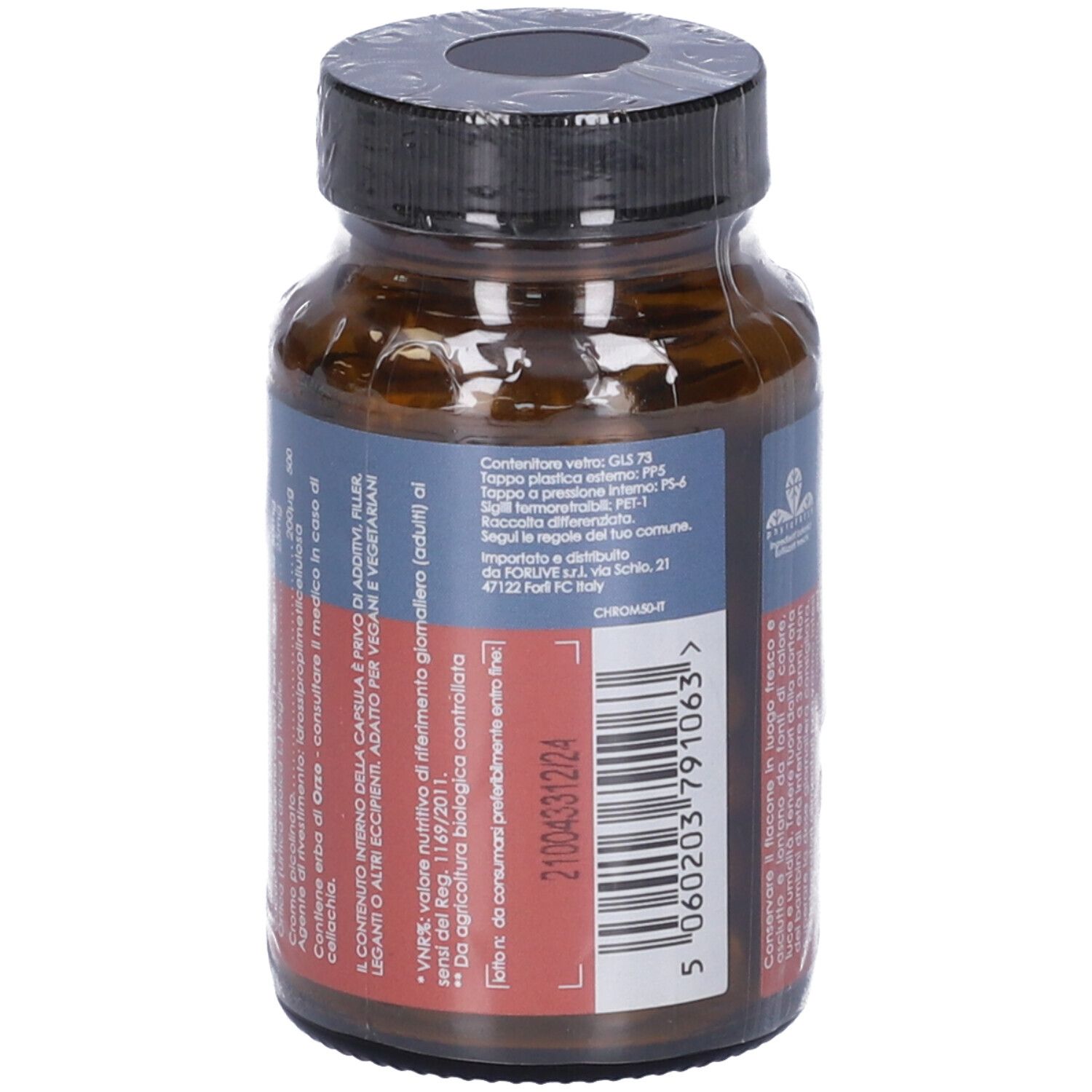 Flacone di vetro marrone con tappo nero, confezionato. Retro con testo e codice a barre. "TERRA NOVA CROMO 200µg COMPLEX".