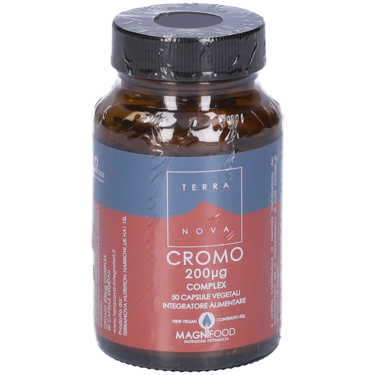 Flacone di vetro marrone con tappo nero, confezionato. Etichetta "TERRA NOVA CROMO 200µg COMPLEX". 50 capsule.