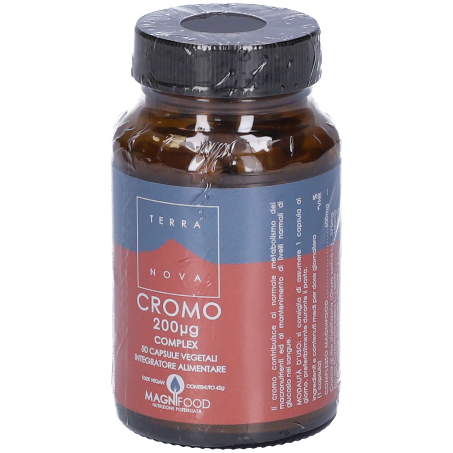 Flacone di vetro marrone con tappo nero, confezionato. Etichetta "TERRA NOVA CROMO 200µg COMPLEX". 50 capsule.