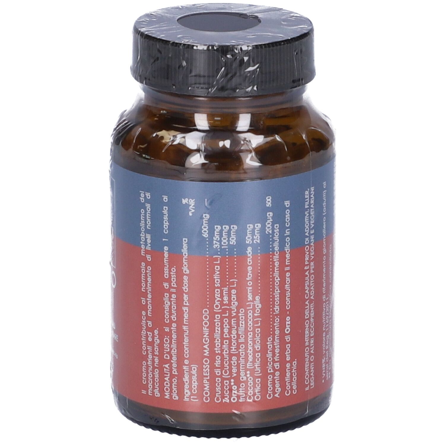 Flacone di vetro marrone con tappo nero, confezionato. Etichetta "TERRA NOVA CROMO 200µg COMPLEX". 50 capsule.