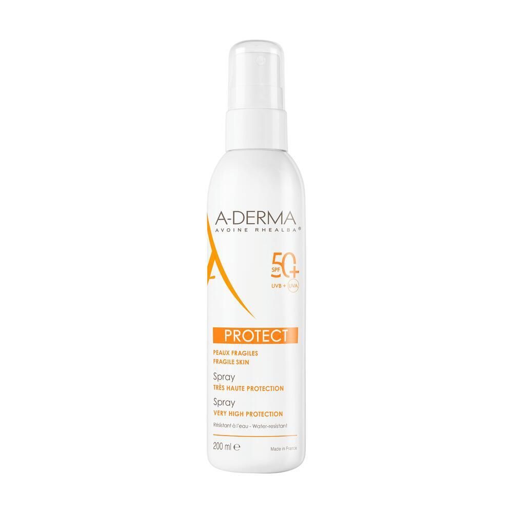 A-DERMA Protect Spray SPF 50+. Weiße Flasche mit Sprühkopf. Orangefarbene Etiketten mit Text und Logo.