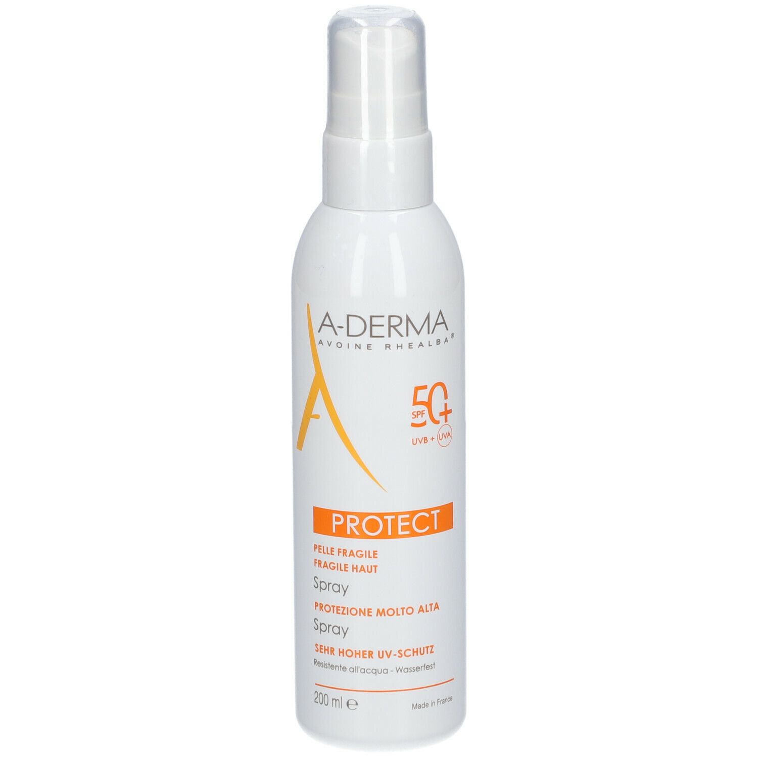 A-DERMA Protect Spray SPF 50+ Flasche. Weiße Flasche mit Sprühkopf. Orangefarbene Etiketten.