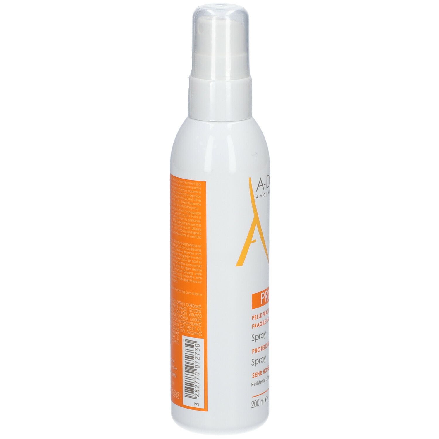 A-DERMA Protect Spray SPF 50+ Flasche. Weiße Flasche mit Sprühkopf. Orangefarbene Etiketten.