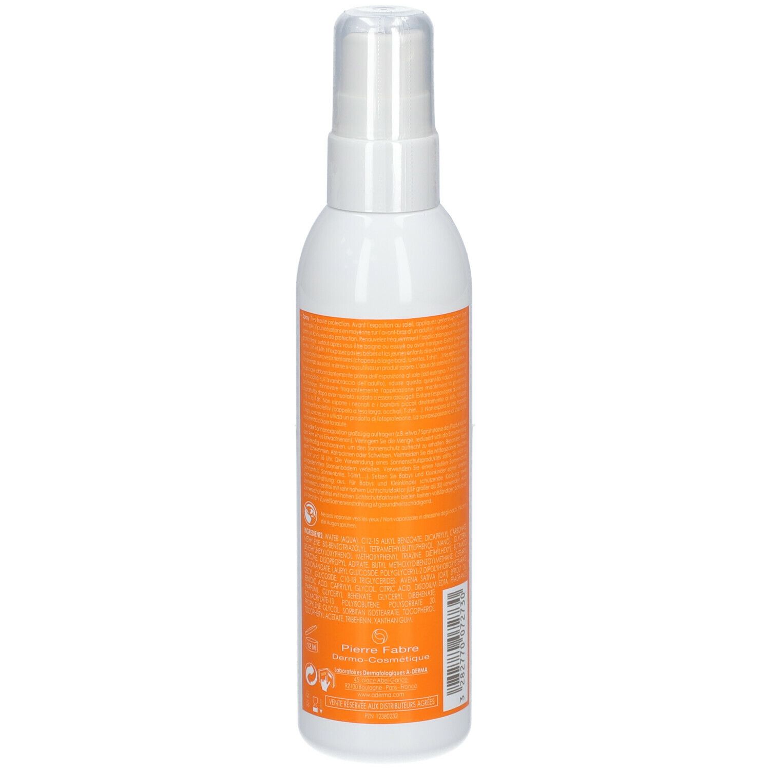 Rückseite der A-DERMA Protect Spray SPF 50+ Flasche. Orangefarbenes Etikett mit Text.
