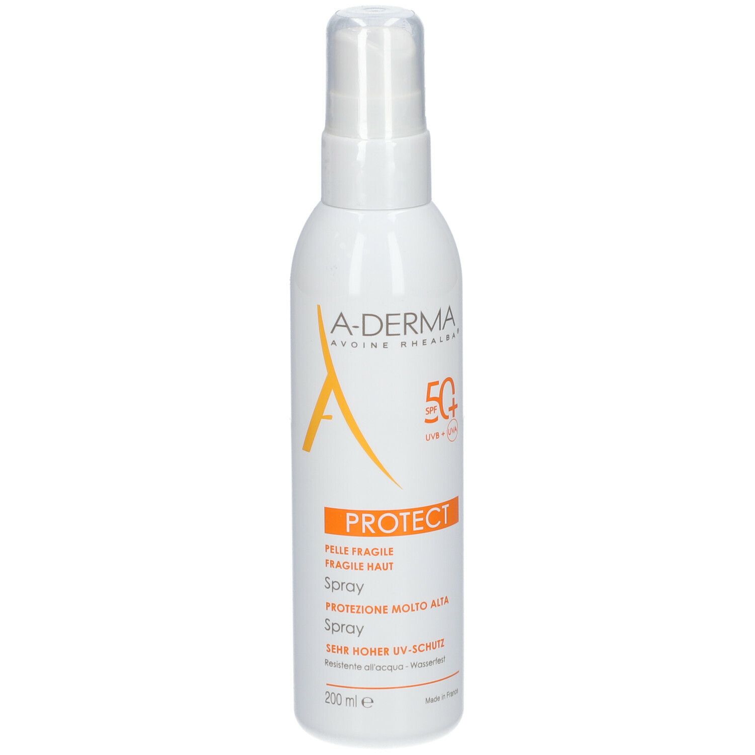 A-DERMA Protect Spray SPF 50+ Flasche. Weiße Flasche mit Sprühkopf. Orangefarbene Etiketten.