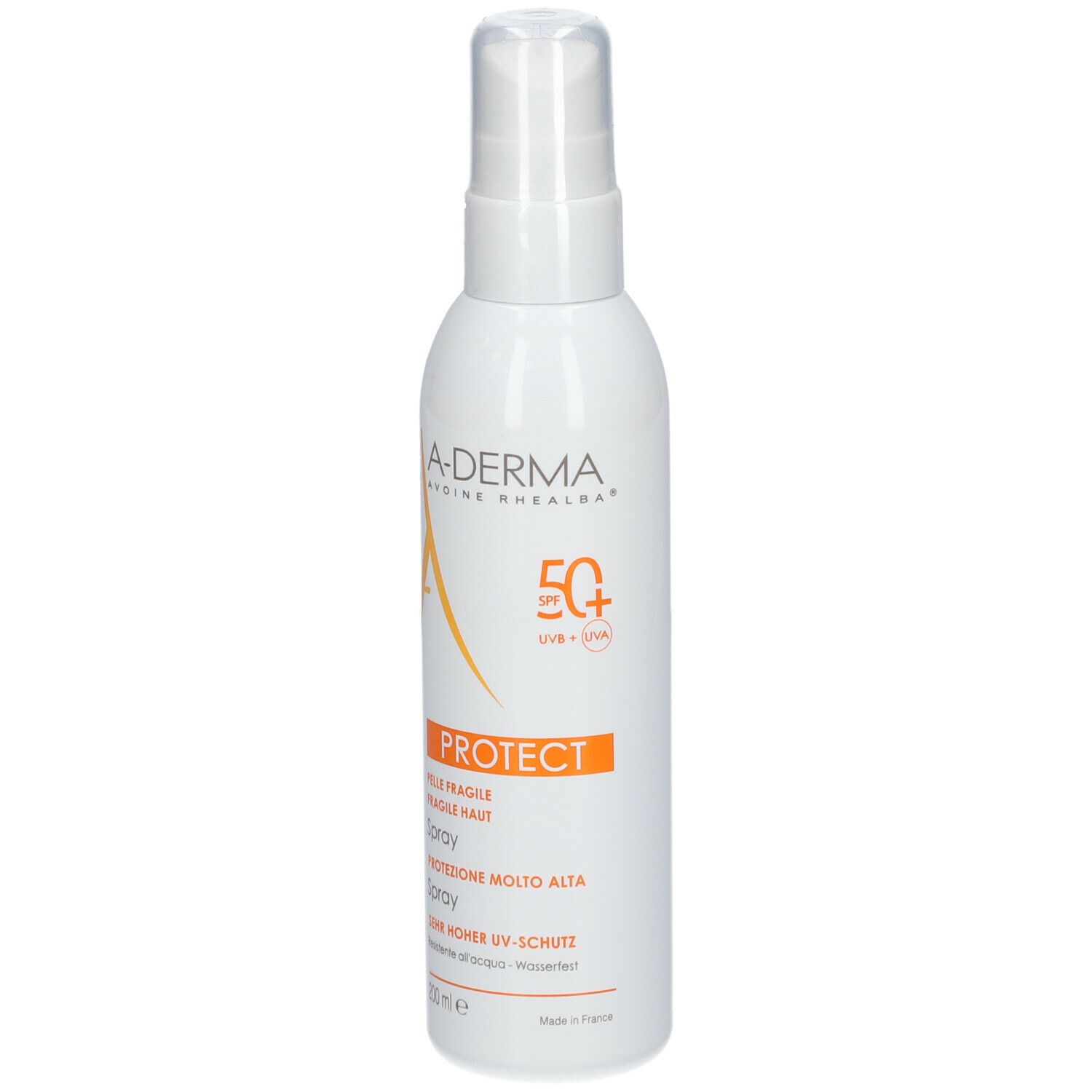 A-DERMA Protect Spray SPF 50+ Flasche. Weiße Flasche mit Sprühkopf. Orangefarbene Etiketten.