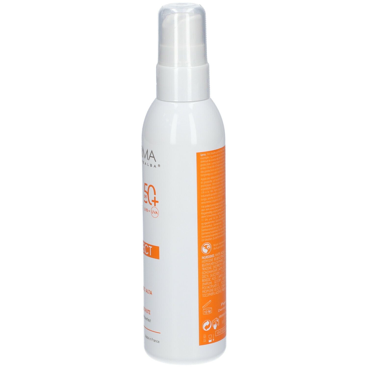 A-DERMA Protect Spray SPF 50+ Flasche. Weiße Flasche mit Sprühkopf. Orangefarbene Etiketten.