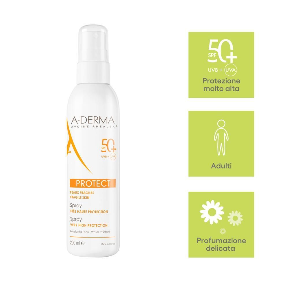 A-DERMA Protect Spray SPF 50+ Flasche. Zusätzliche Icons: SPF 50+, Erwachsene, sanfte Duft.