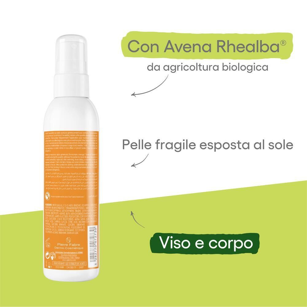 Rückseite der A-DERMA Protect Spray SPF 50+ Flasche. Text mit Avena Rhealba, Gesicht und Körper.
