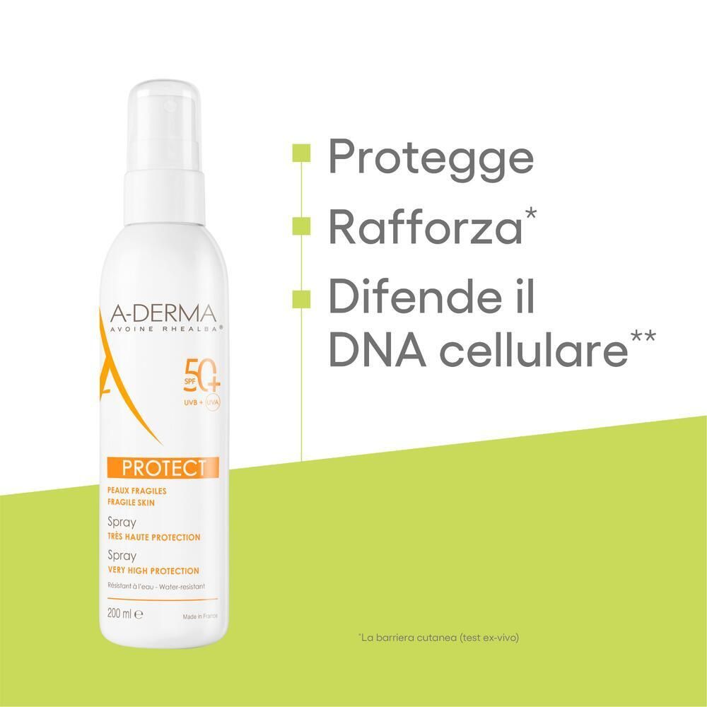 A-DERMA Protect Spray SPF 50+ Flasche. Text: Schützt, stärkt, schützt die DNA.