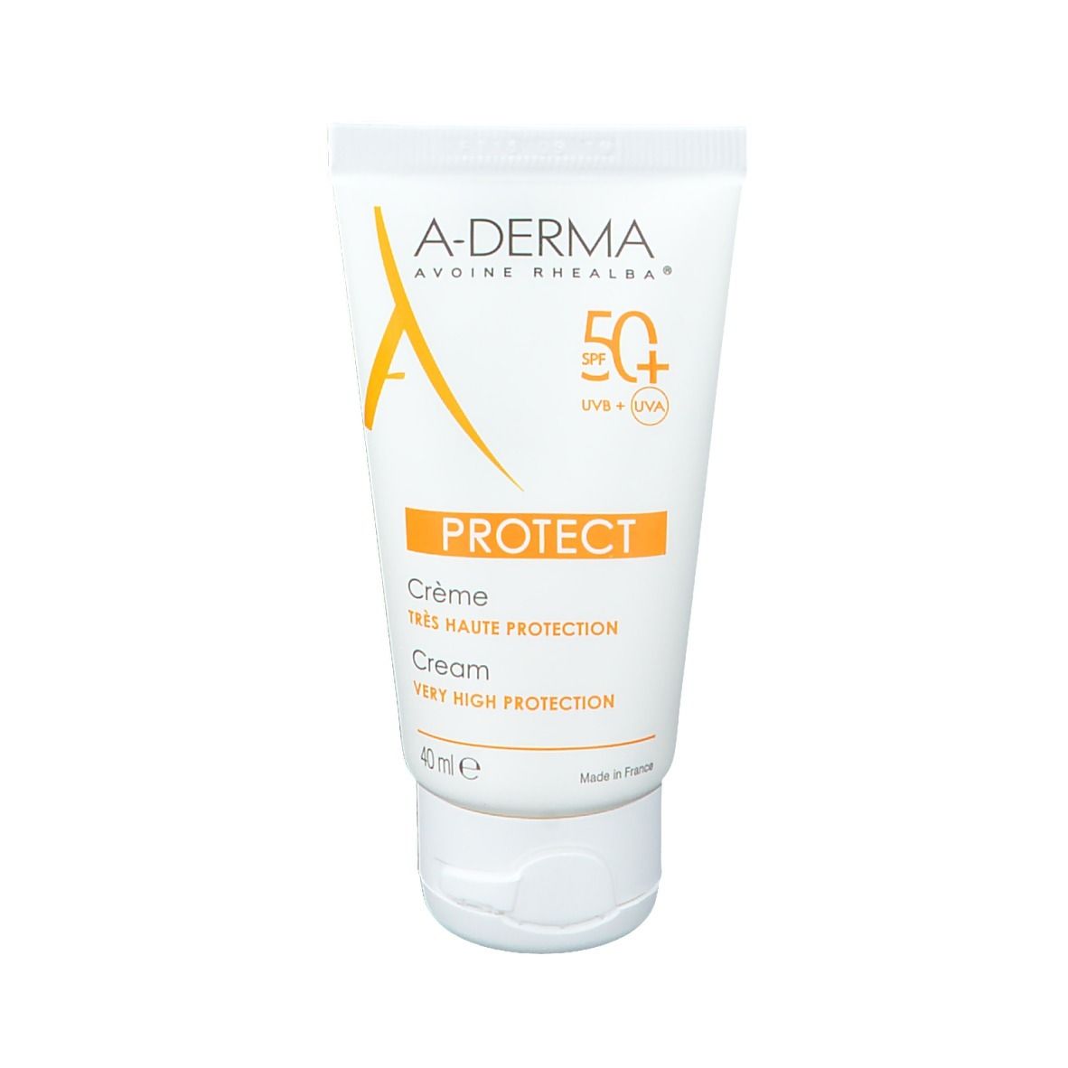 A-Derma Protect Creme LSF 50+ Tube. Weiß, mit orangefarbenen Akzenten. Enthält Text: PROTECT, Creme, 40 ml.