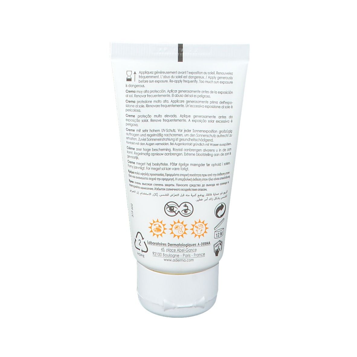 Rückseite der A-Derma Protect Creme LSF 50+ Tube. Enthält Text und Symbole. 12M-Symbol.
