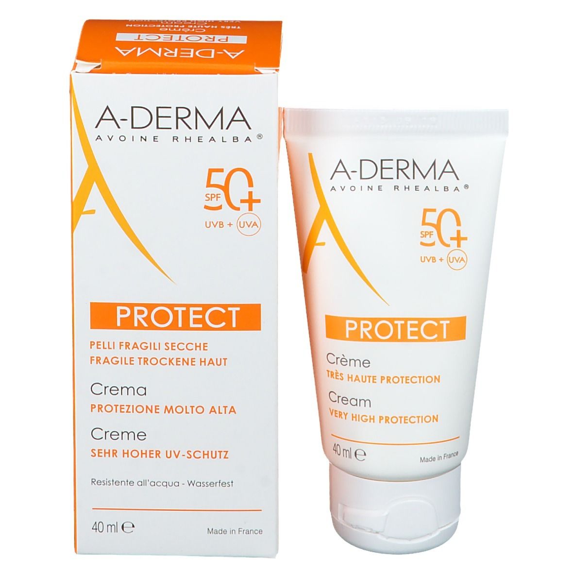 A-Derma Protect Creme LSF 50+ Tube und Verpackung. Weiß und orange. Text: PROTECT, 40 ml.