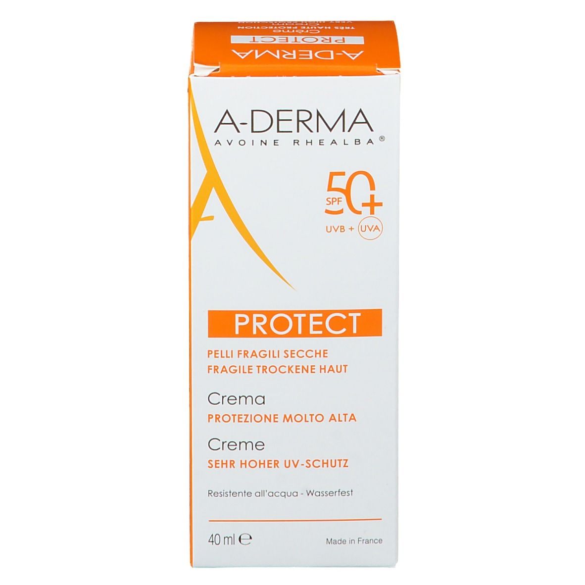 A-Derma Protect Creme LSF 50+ Verpackung. Weiß und orange. Text: PROTECT, 40 ml.
