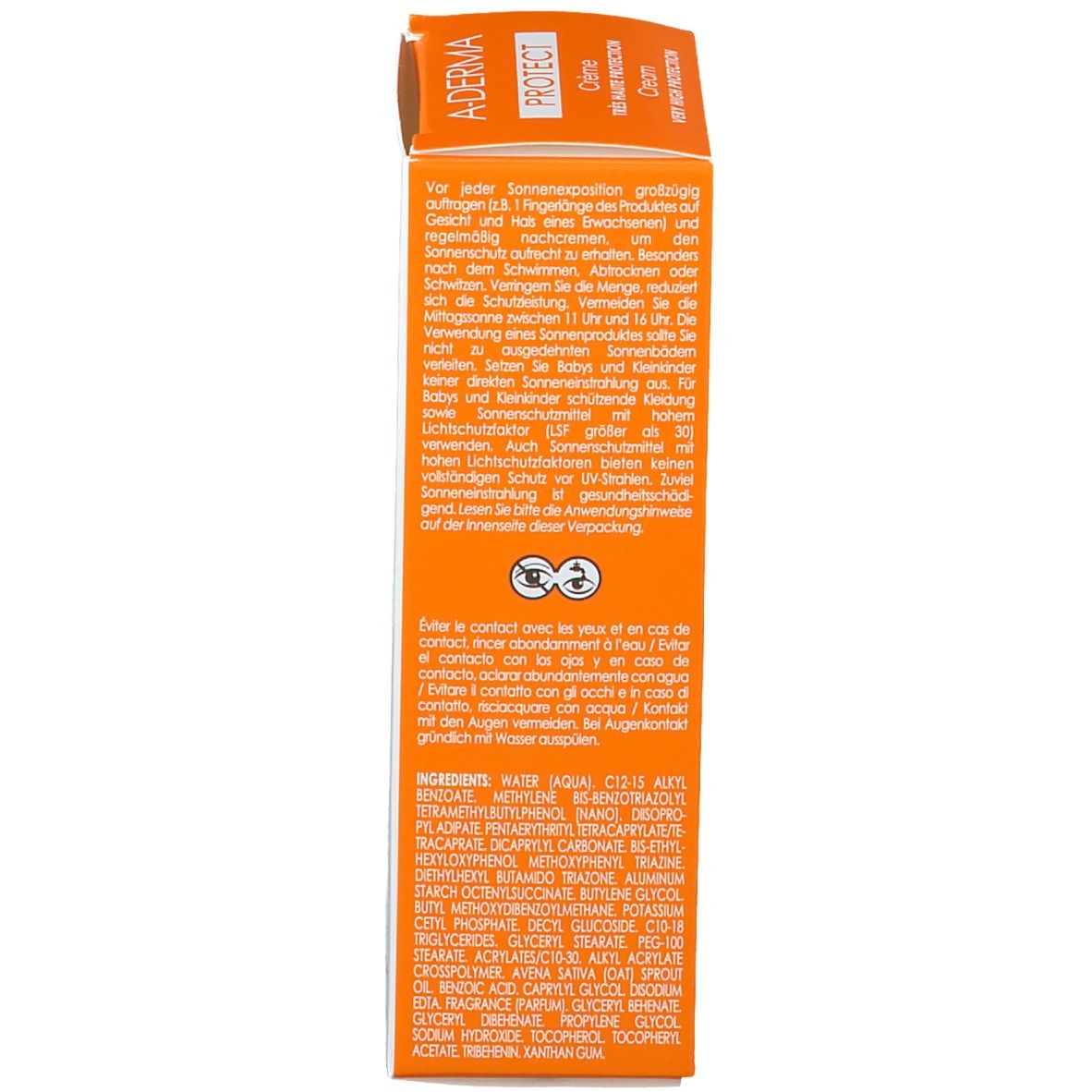 Rückseite der A-Derma Protect Creme LSF 50+ Verpackung. Text und Inhaltsstoffe. Symbole.