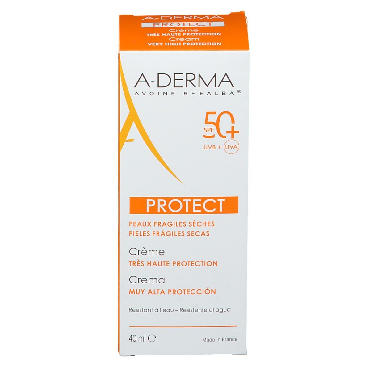 A-Derma Protect Creme LSF 50+ Verpackung. Weiß und orange. Text: PROTECT, 40 ml.