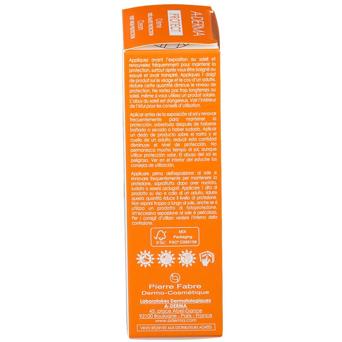 Rückseite der A-Derma Protect Creme LSF 50+ Verpackung. Text und Symbole. Pierre Fabre.