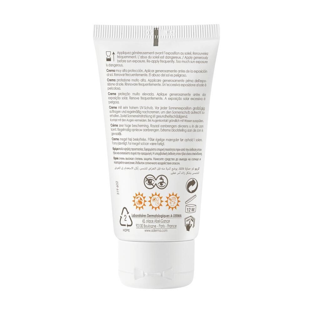 Rückseite der A-Derma Protect Creme LSF 50+ Tube. Enthält Text und Symbole. 12M-Symbol.