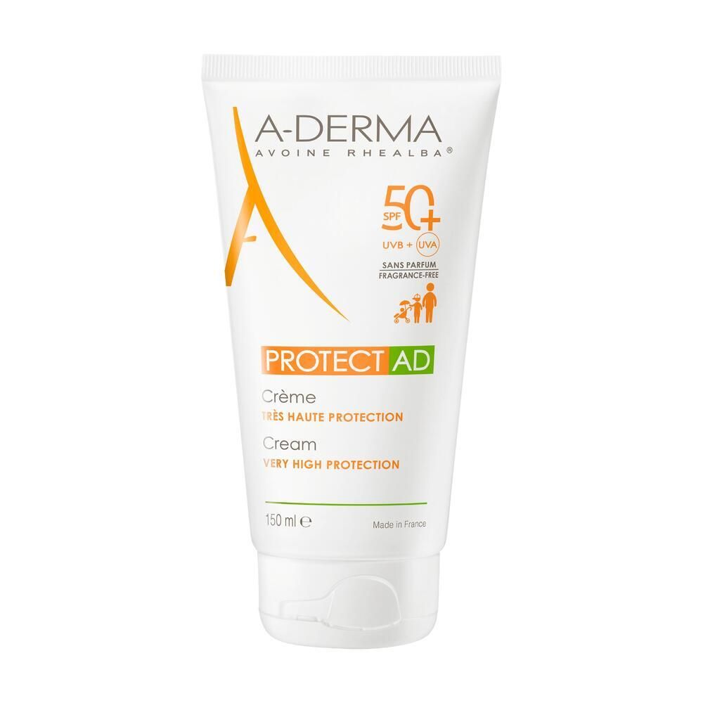 Tubo bianco A-DERMA PROTECT AD SPF 50+. Logo arancione e testo. Crema. 150 ml.