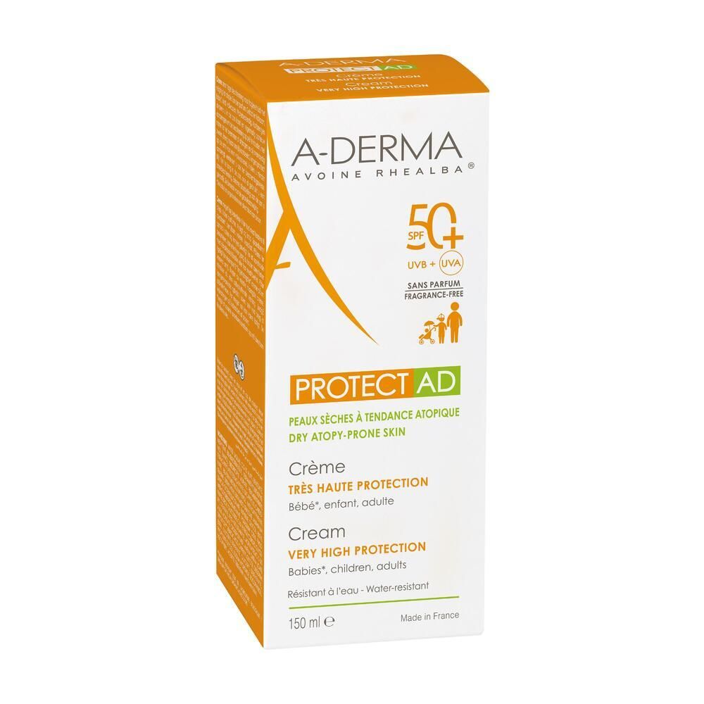 A-DERMA PROTECT AD crema in confezione. Design arancione. SPF 50+. Pelli secche a tendenza atopica.