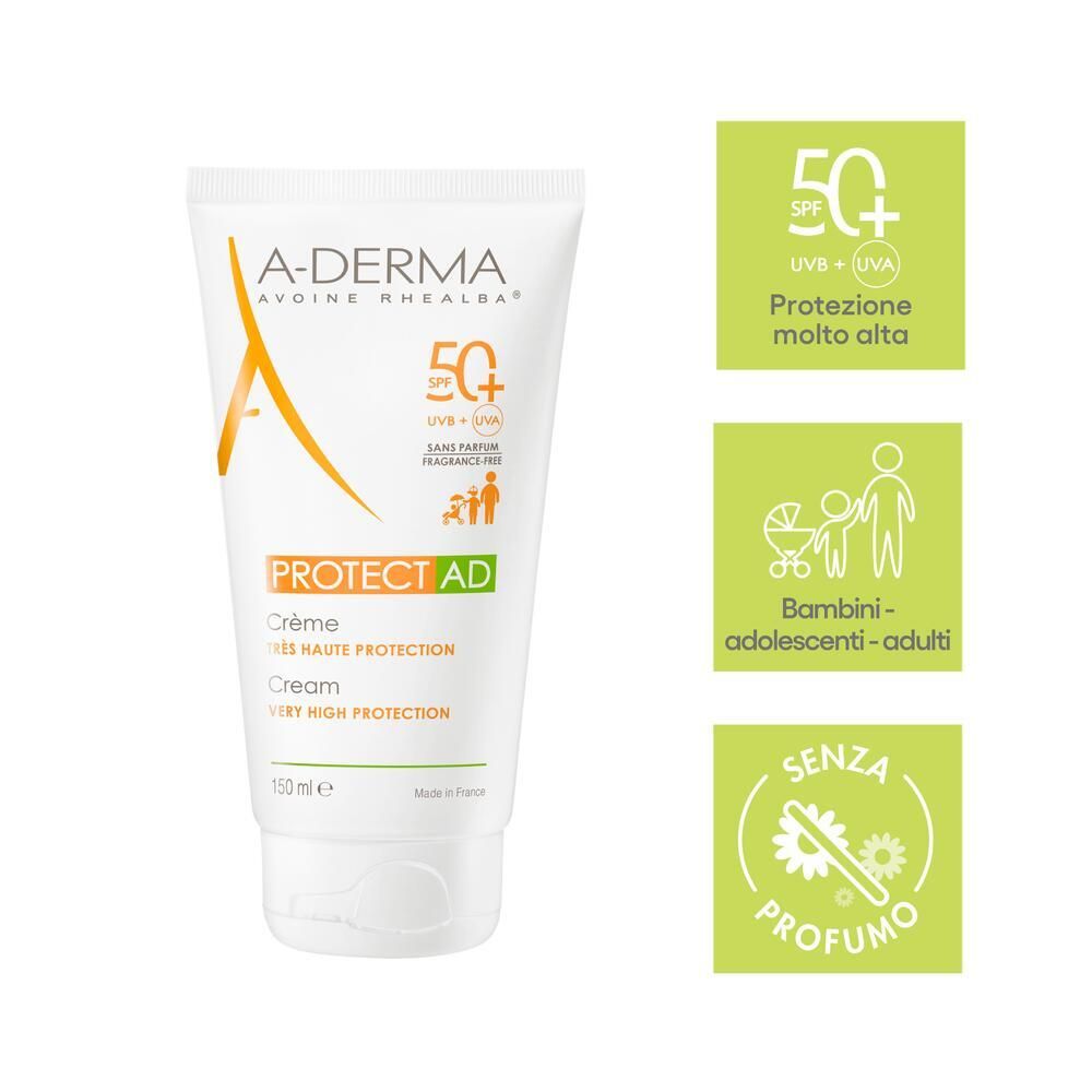 Tubo A-DERMA PROTECT AD crema. SPF 50+. Banner verdi con info. Senza profumo.