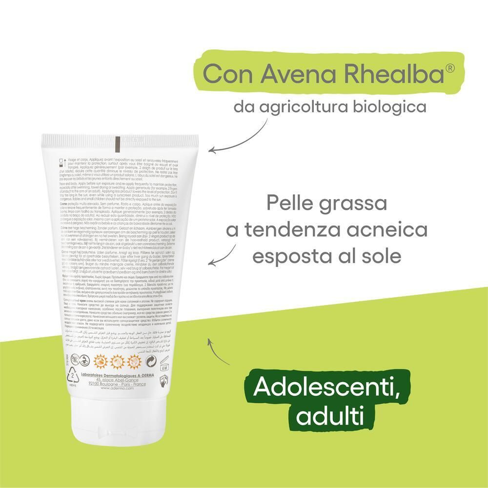 Retro del tubo. Testo informativo. Frecce verso 'Con Avena Rhealba' e 'Adolescenti, adulti'.