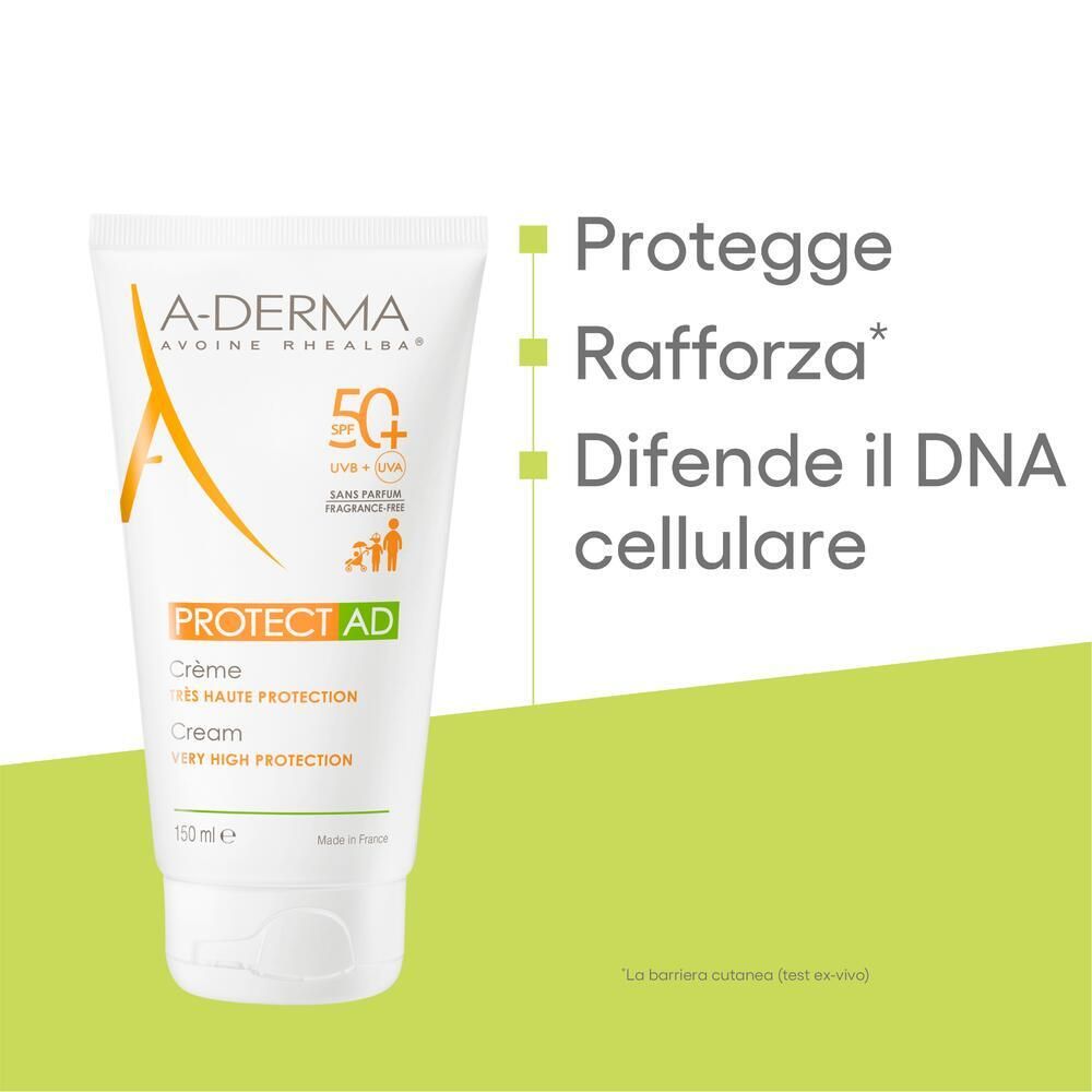 Tubo A-DERMA PROTECT AD crema. SPF 50+. Banner verdi: Protegge, Rafforza, Difende il DNA.